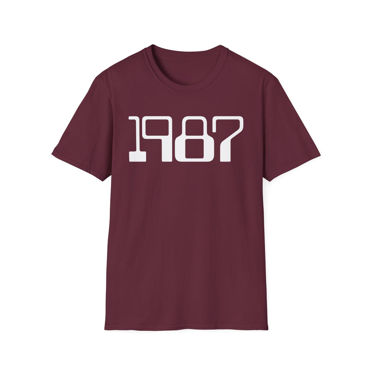 Maroon t-shirt with the year 1987 printed in white block letters.