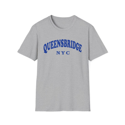 Grey t-shirt with blue "QUEENSBRIDGE NYC" graphic.