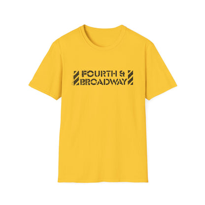 Yellow t-shirt with distressed black "Fourth St Broadway" text graphic.