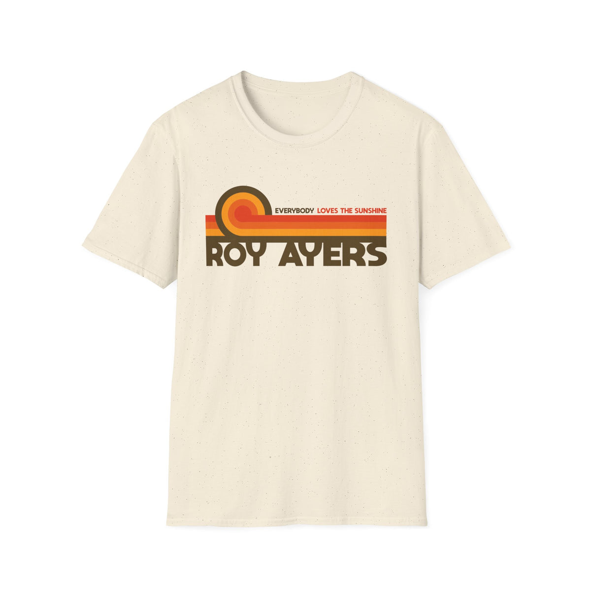 Cream t-shirt with "Everybody Loves The Sunshine Roy Ayers" text graphic.