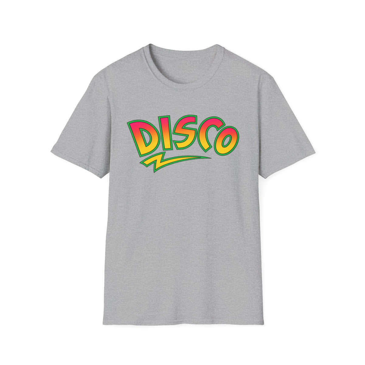 Grey t-shirt with "DISCO" text in colorful retro font.