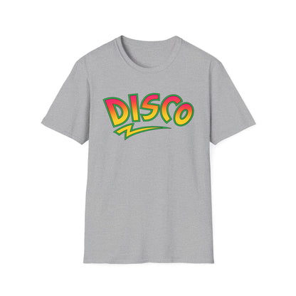 Grey t-shirt with "DISCO" text in colorful retro font.