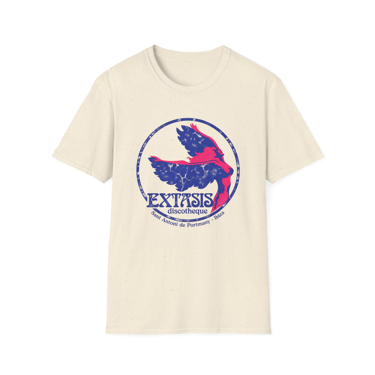 Extasis discotheque logo with winged figure and text in circle on cream t-shirt.