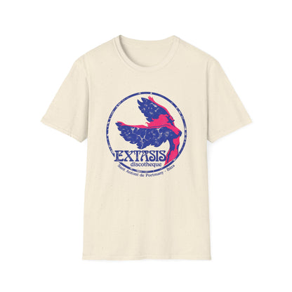 Extasis discotheque logo with winged figure and text in circle on cream t-shirt.