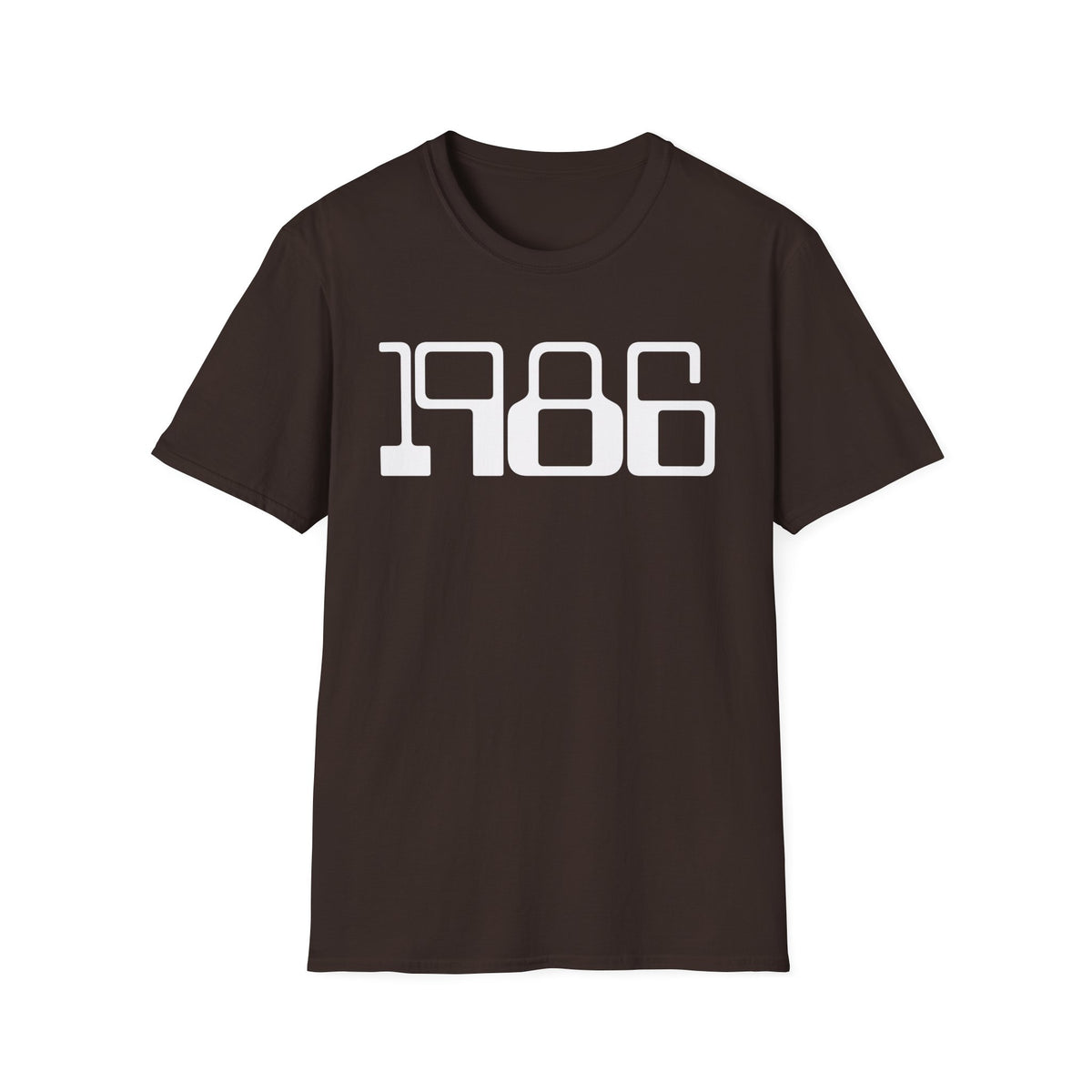 Brown t-shirt with "1986" printed in white block letters.