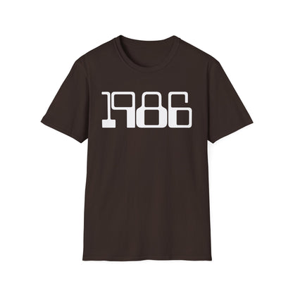Brown t-shirt with "1986" printed in white block letters.