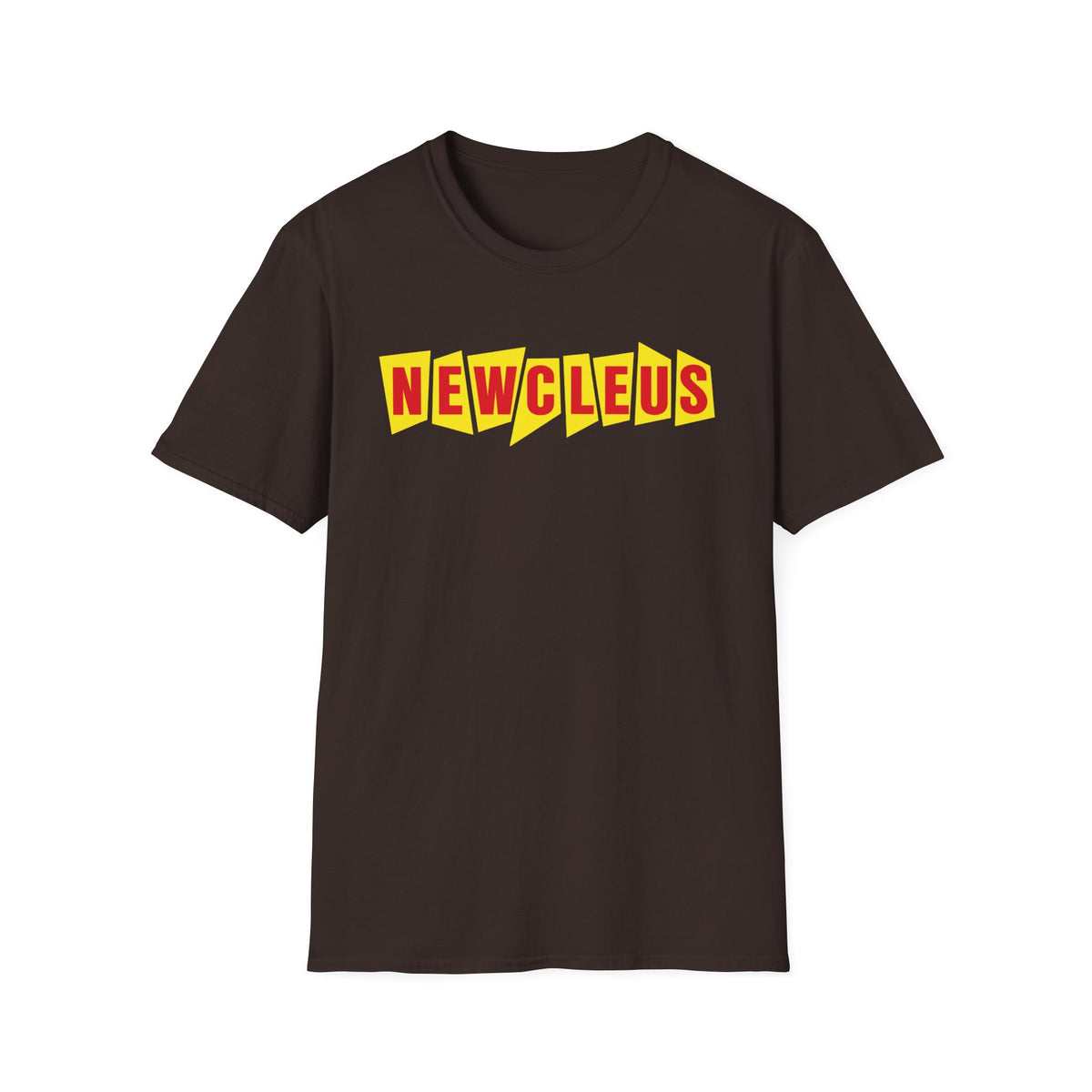 Brown t-shirt with yellow and red "NEWCLEUS" graphic.
