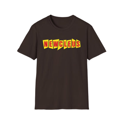 Brown t-shirt with yellow and red "NEWCLEUS" graphic.