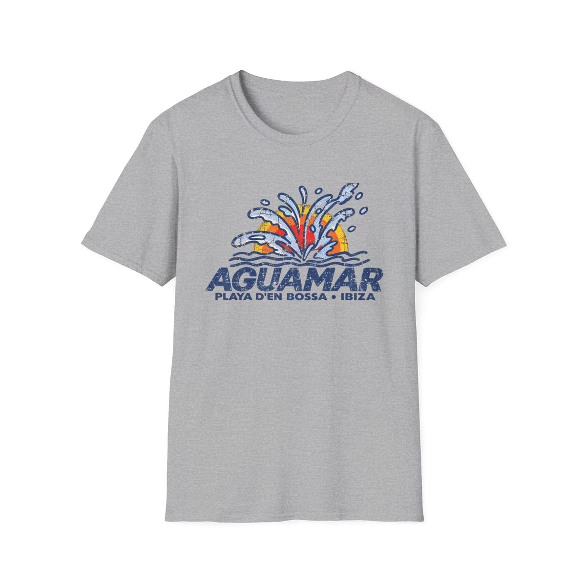 Grey t-shirt with blue "AGUAMAR" text and water splash graphic.