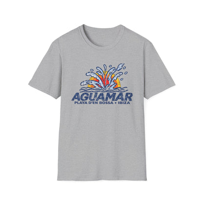 Grey t-shirt with blue "AGUAMAR" text and water splash graphic.