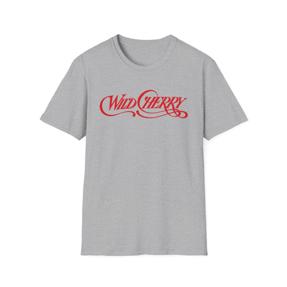 Grey t-shirt with red "Wild Cherry" text in script font.