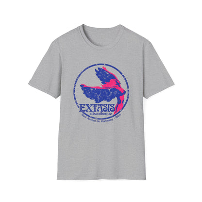 Grey t-shirt with blue and pink "Extasis discotheque Sant Antoni de Portmany Ibiza" logo.