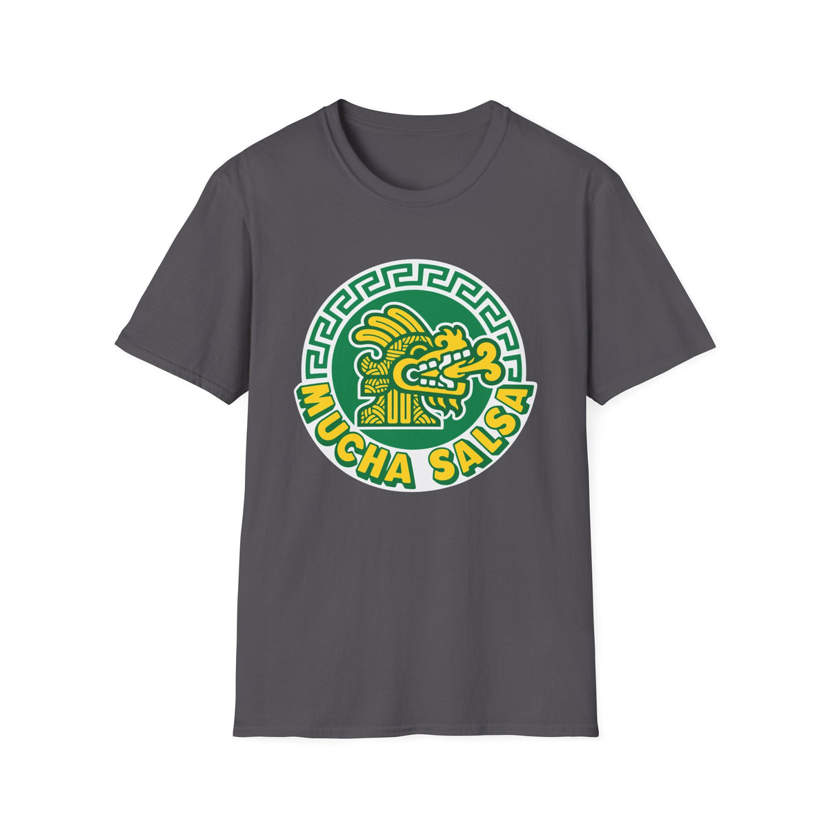 Gray t-shirt with a green and yellow circular logo featuring a dragon and "MUCHA SALSA" text.