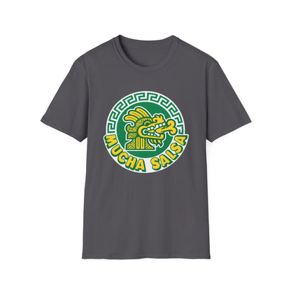Gray t-shirt with a green and yellow circular logo featuring a dragon and "MUCHA SALSA" text.