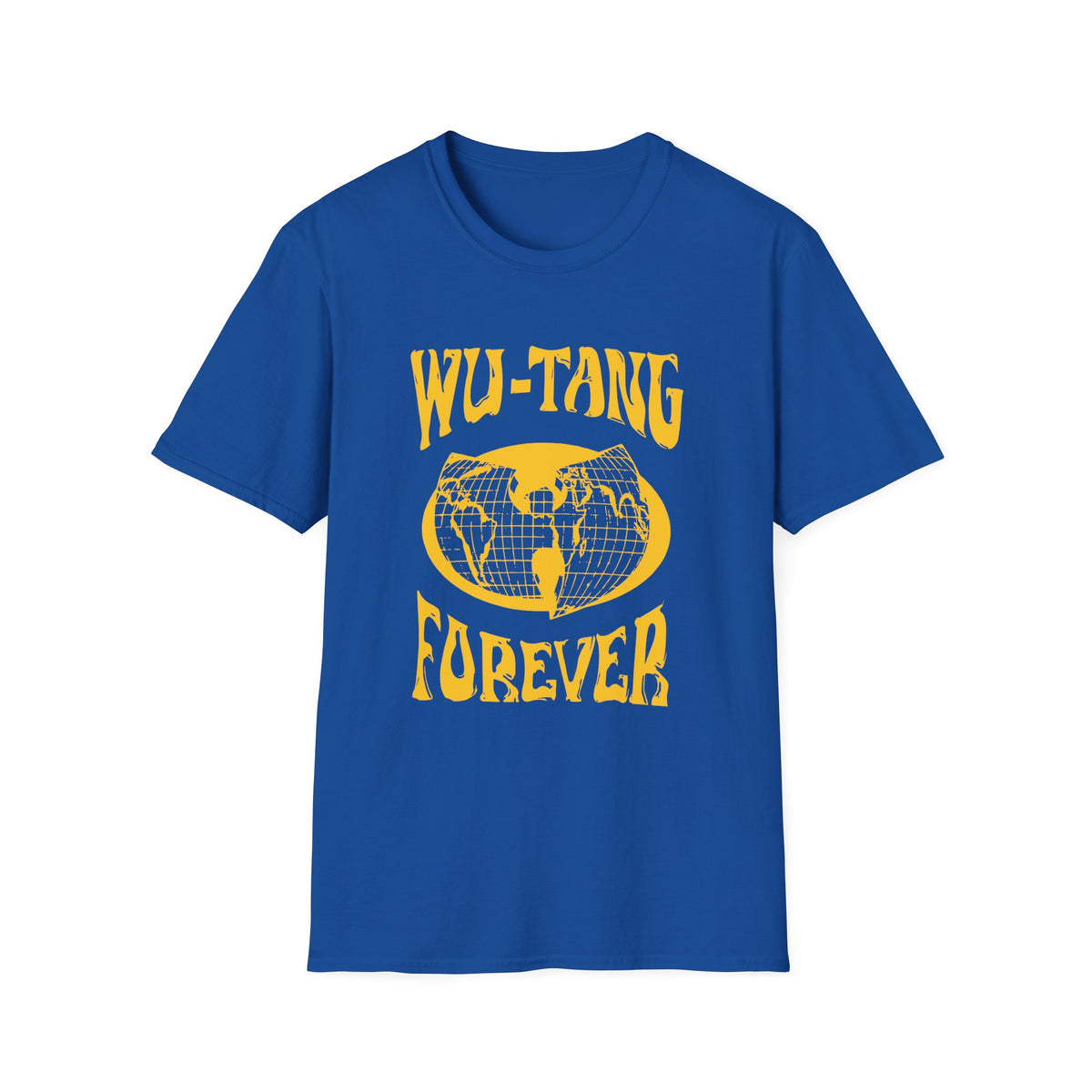Blue t-shirt with yellow Wu-Tang Forever graphic and globe logo.