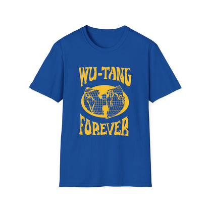 Blue t-shirt with yellow Wu-Tang Forever graphic and globe logo.