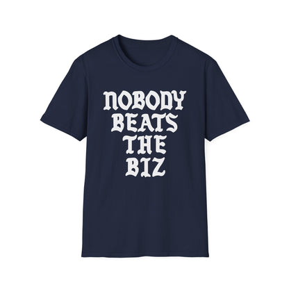 Navy t-shirt with white text that reads "NOBODY BEATS THE BIZ".