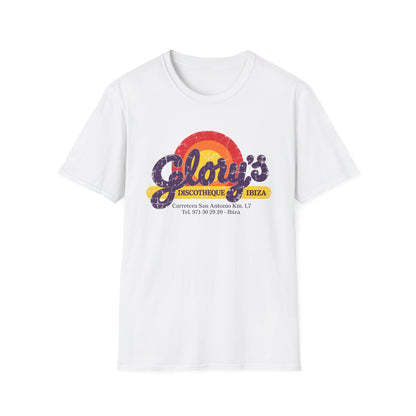 White t-shirt with vintage "Glory's Discotheque Ibiza" logo and address.