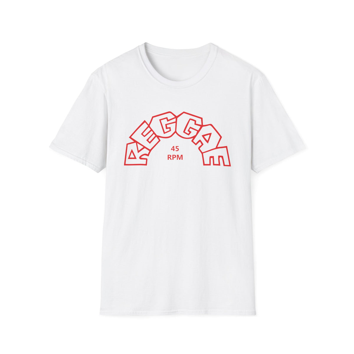 White t-shirt with red "REGGAE" text and "45 RPM" graphic.