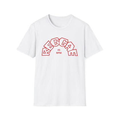 White t-shirt with red "REGGAE" text and "45 RPM" graphic.