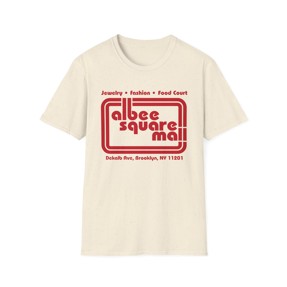 Cream t-shirt with red "Albee Square Mall" logo and Brooklyn address.