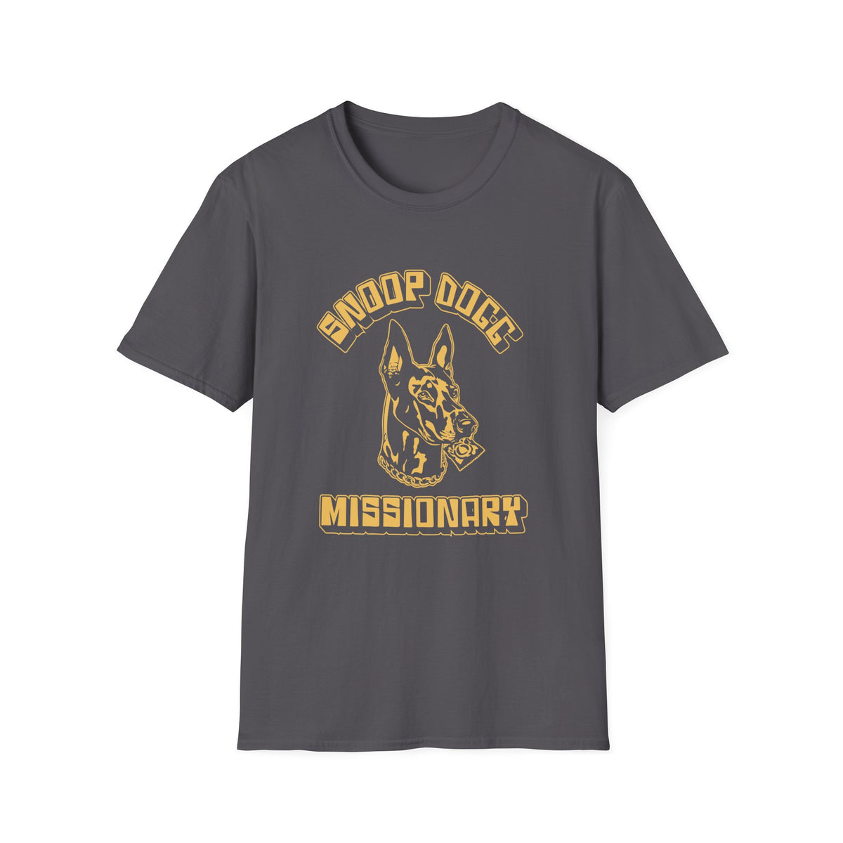 Gray t-shirt with yellow Snoop Dogg Missionary graphic featuring a dog.