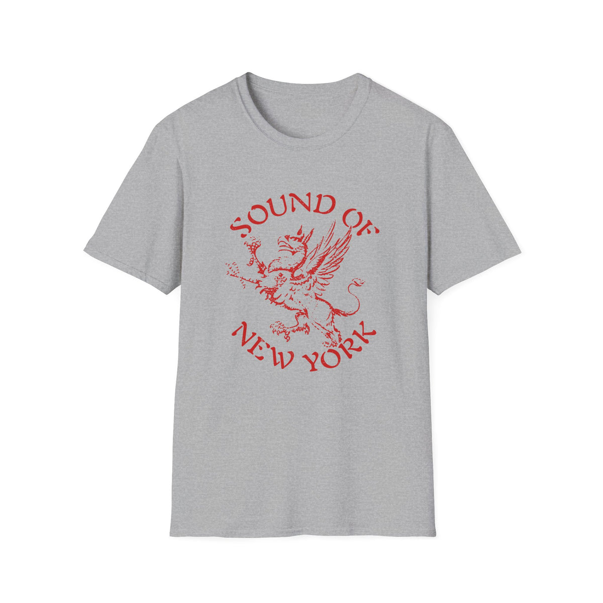 Grey t-shirt with red graphic of a griffin and text "SOUND OF NEW YORK".