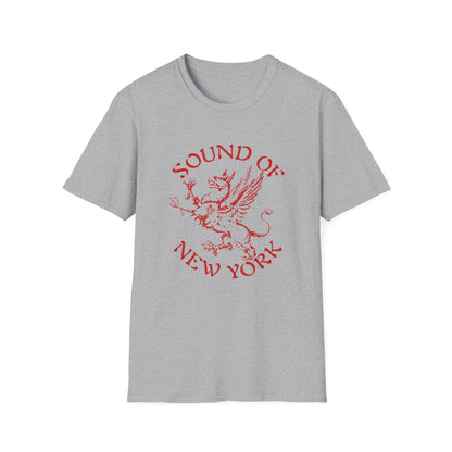 Grey t-shirt with red graphic of a griffin and text "SOUND OF NEW YORK".
