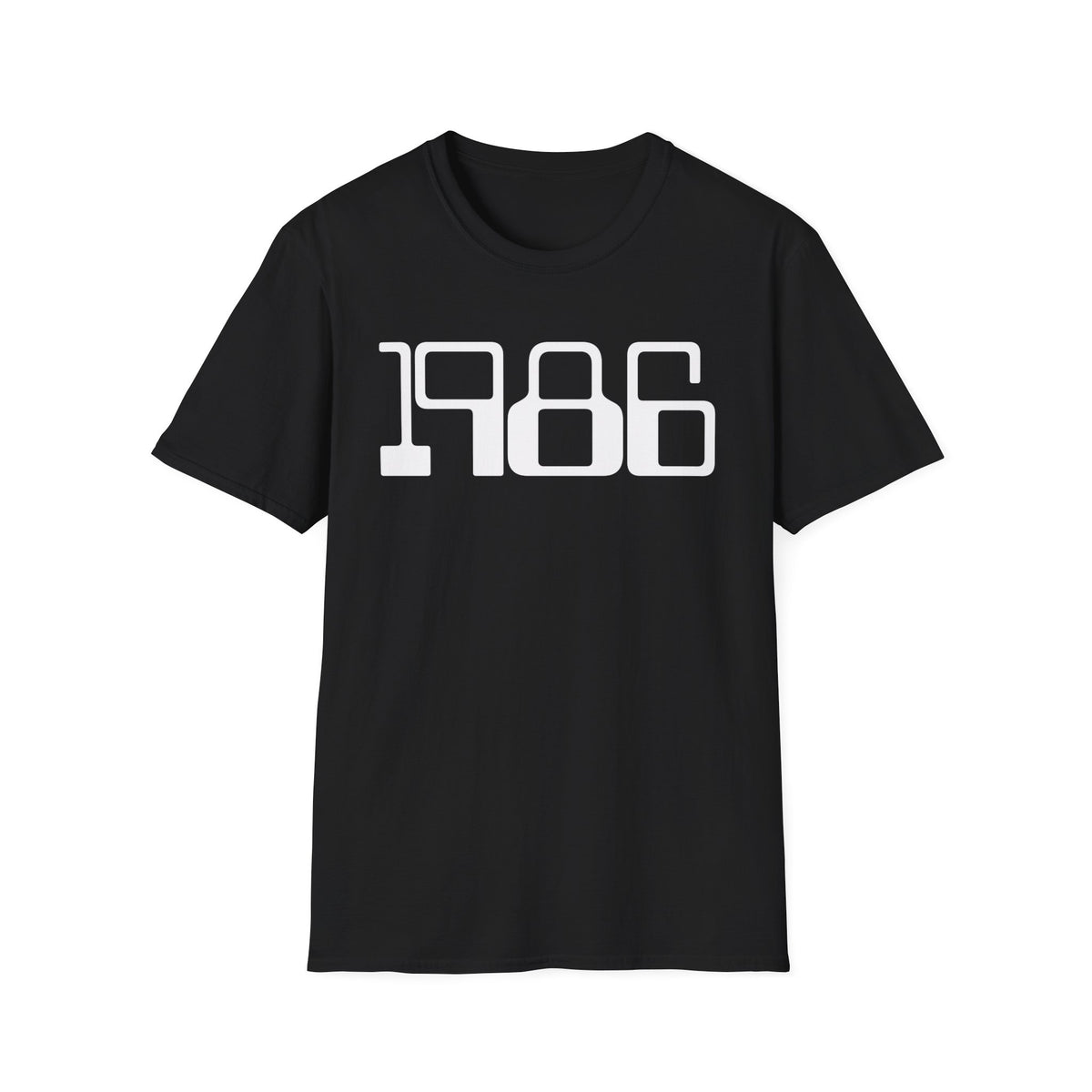 Black t-shirt with "1986" printed in white on the front.