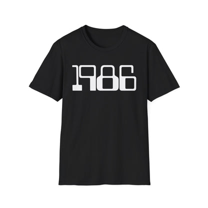 Black t-shirt with "1986" printed in white on the front.