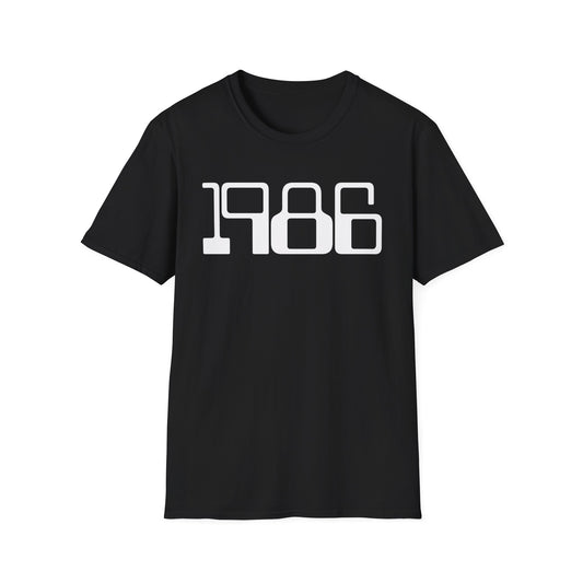 Black t-shirt with "1986" printed in white on the front.