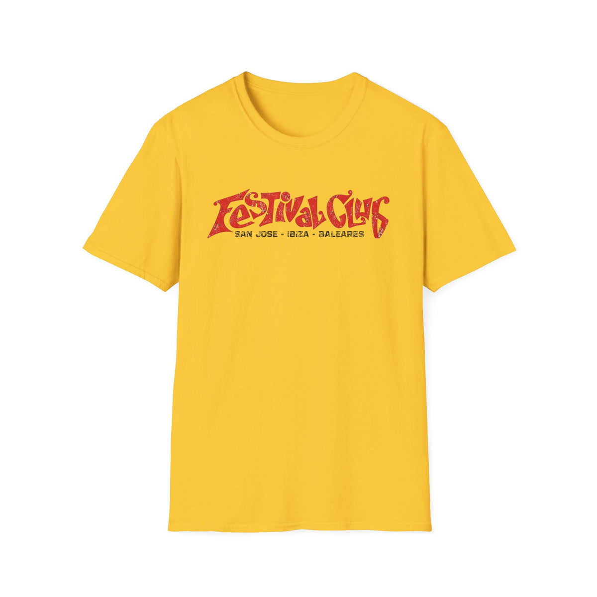 Yellow t-shirt with red "Festival Club" text and "San Jose Ibiza Baleares" below.