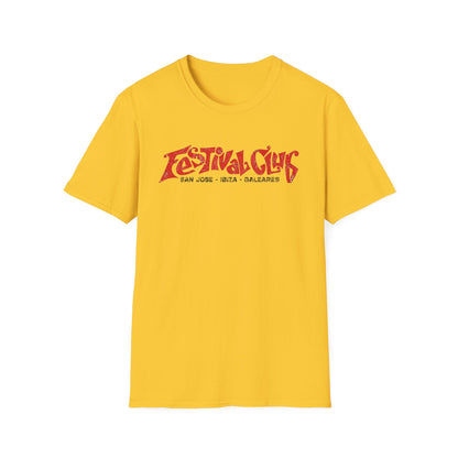Yellow t-shirt with red "Festival Club" text and "San Jose Ibiza Baleares" below.