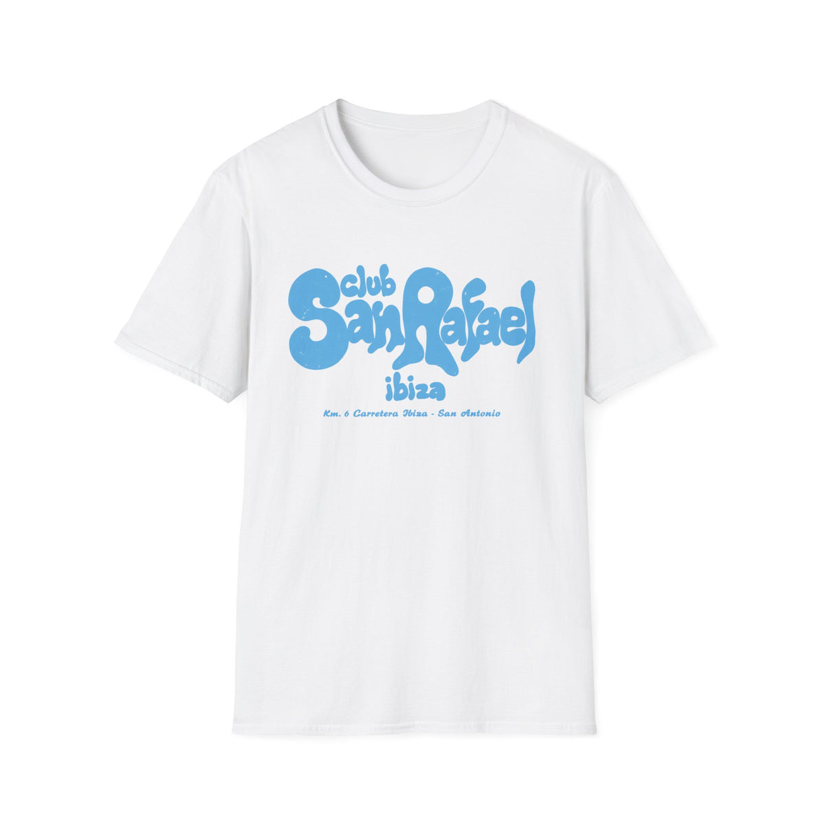White t-shirt with blue "Club San Rafael Ibiza" text and location details.