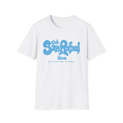 White t-shirt with blue "Club San Rafael Ibiza" text and location details.