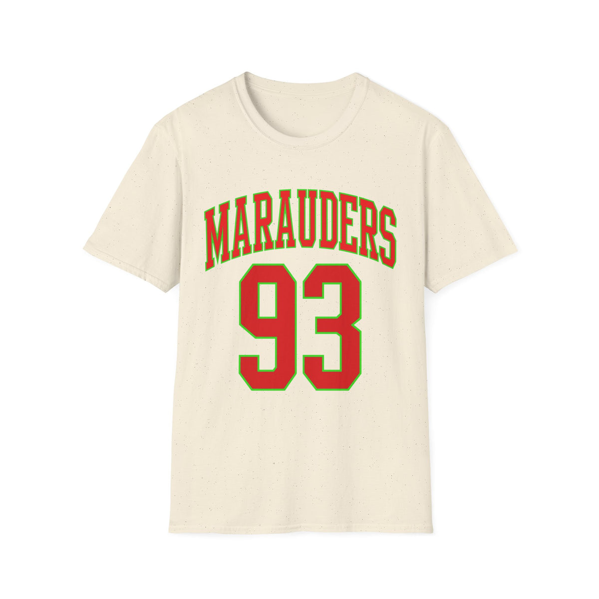 Cream t-shirt with "Marauders 93" in red and green lettering.