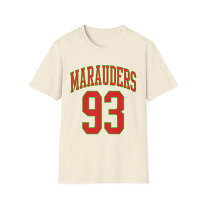 Cream t-shirt with "Marauders 93" in red and green lettering.