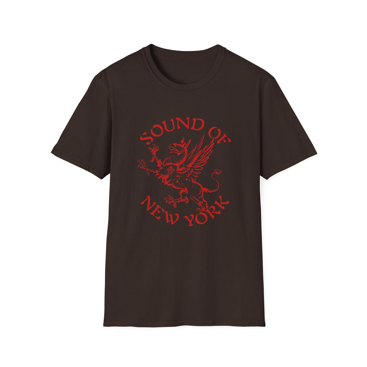 Brown t-shirt with red text and griffin graphic, "Sound of New York."