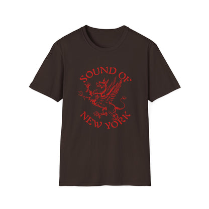 Brown t-shirt with red text and griffin graphic, "Sound of New York."