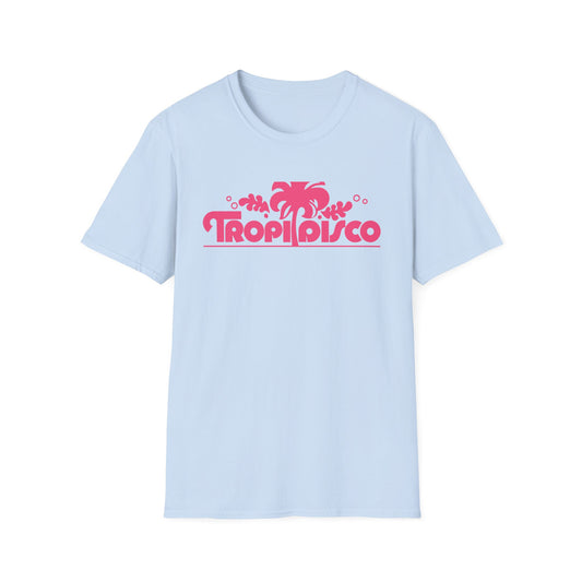Light blue crewneck t-shirt featuring a pink graphic design with a palm tree and the text Tropi Disco.