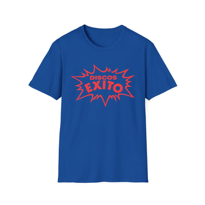 Blue t-shirt with red "Discos Exito" text in a starburst design.