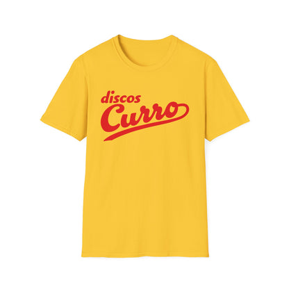 Yellow t-shirt with red "discos Curro" text graphic.