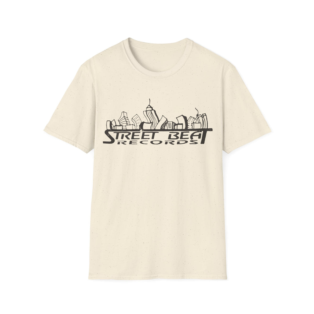 Cream t-shirt with "Street Beat Records" logo and city skyline graphic.