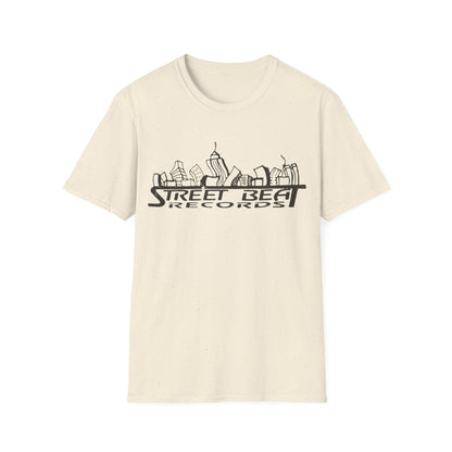 Cream t-shirt with "Street Beat Records" logo and city skyline graphic.