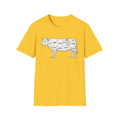 Yellow t-shirt with a diagram of a cow labeled with music genres.