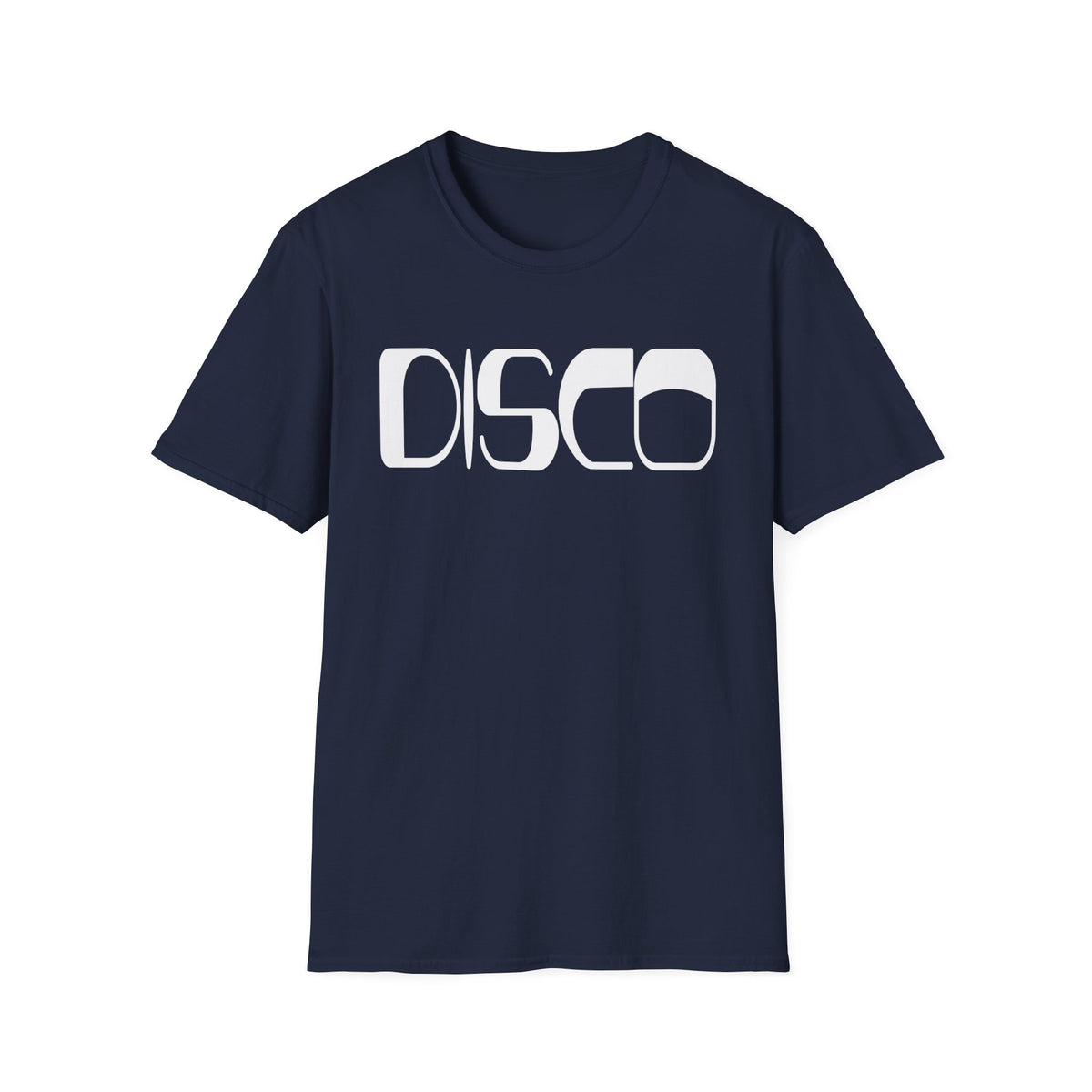Navy t-shirt with white "DISCO" text in a retro font.