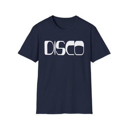 Navy t-shirt with white "DISCO" text in a retro font.