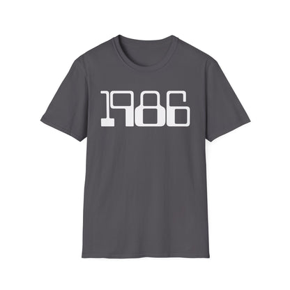 Dark grey t-shirt with white block text reading "1986".