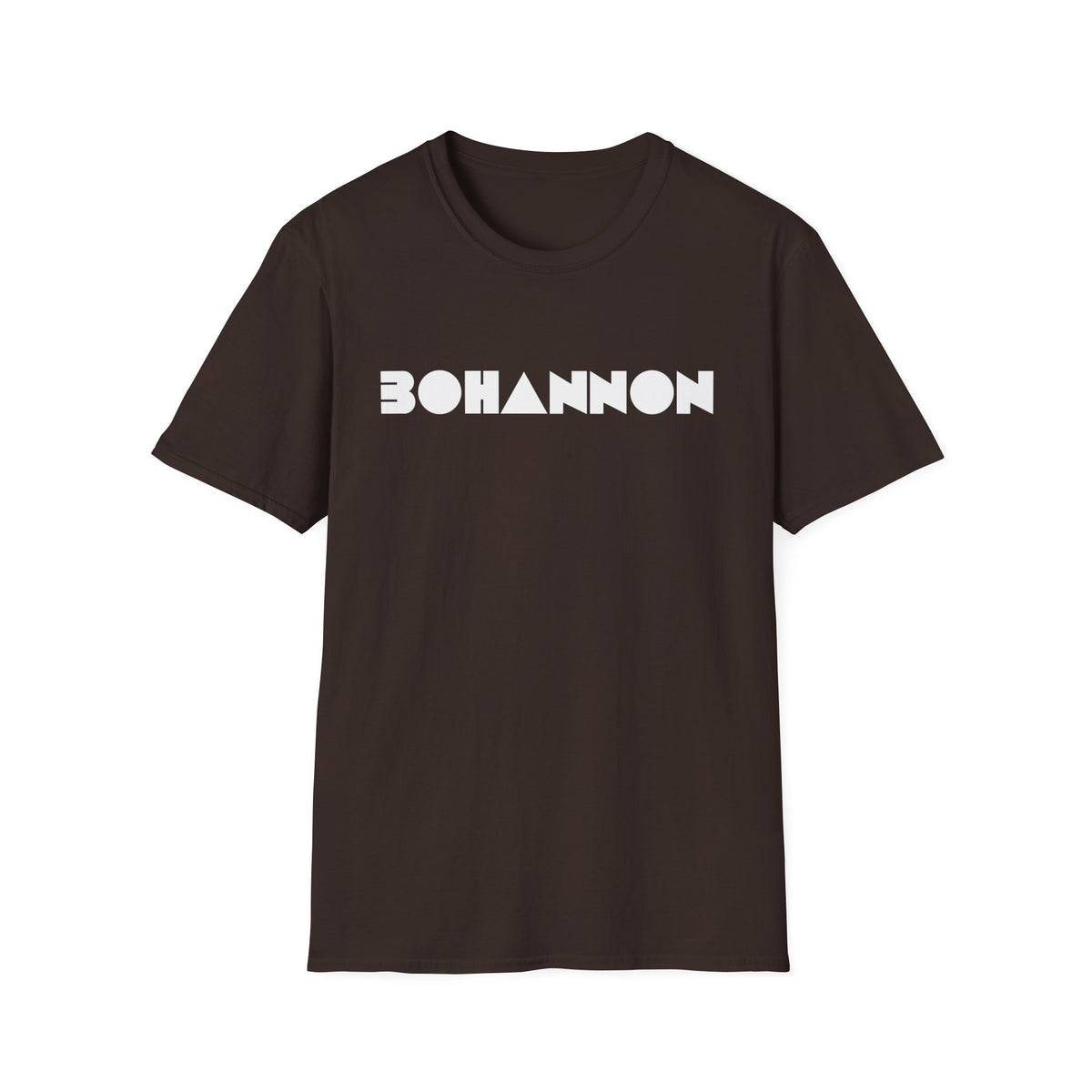 Brown t-shirt with white "BOHANNON" text and geometric shapes.