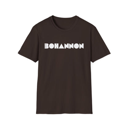 Brown t-shirt with white "BOHANNON" text and geometric shapes.
